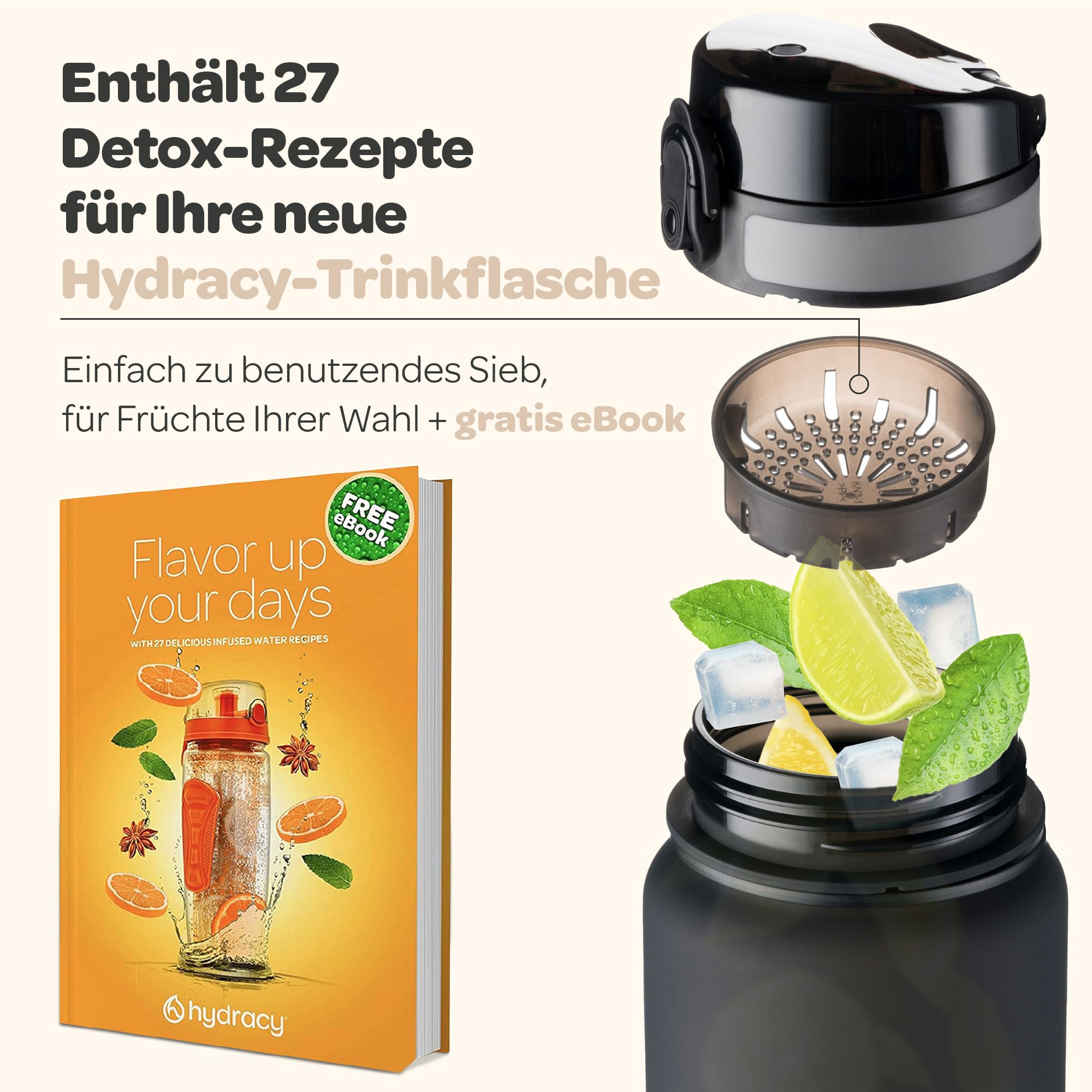 Hydracy Trinkflasche mit Fruchteinsatz - 1L Wasserflasche - BPA-freie Trinkflasche mit Zeitmarkierung Auslaufsichere